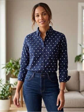 Uniqlo Navy and White Polka Dot Button-Down Shirt